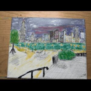 Urban Skyline Canvas Art with Green and Yellow Highlights